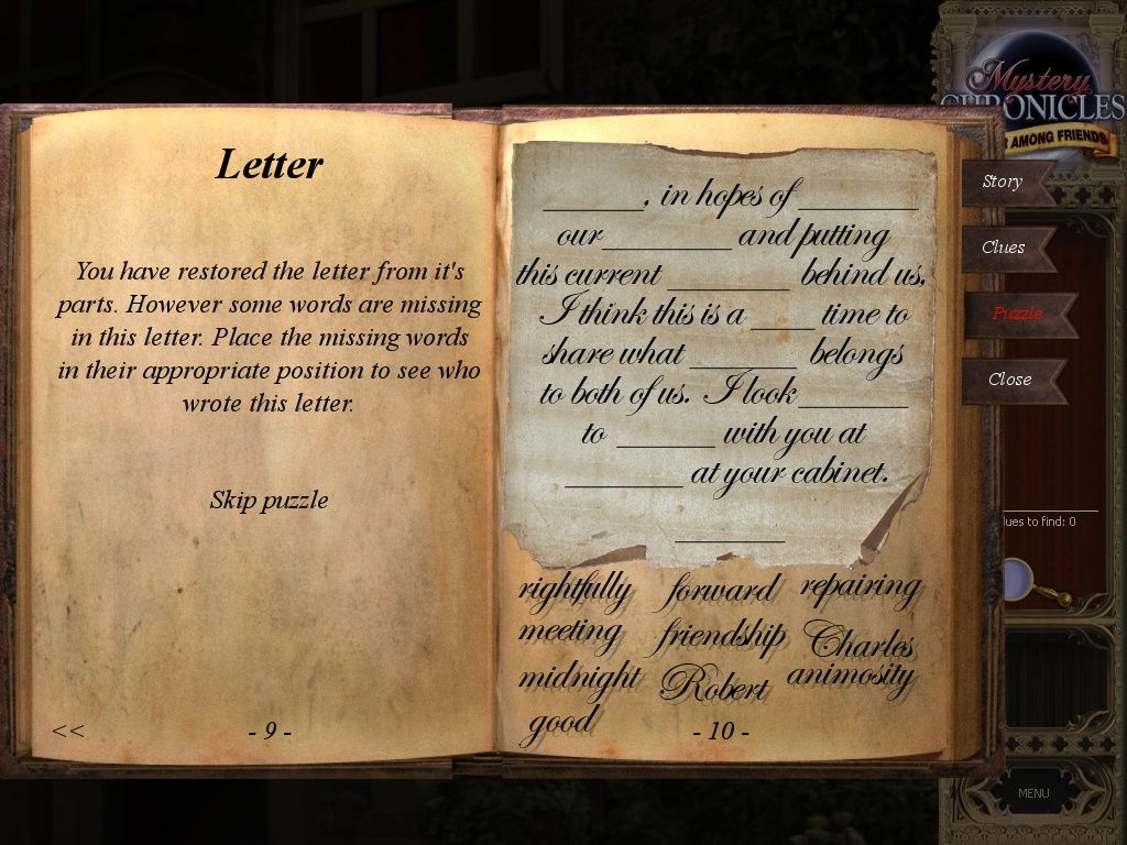 Mystery Chronicles: Murder Among Friends (iPad) screenshot: Words mini-game