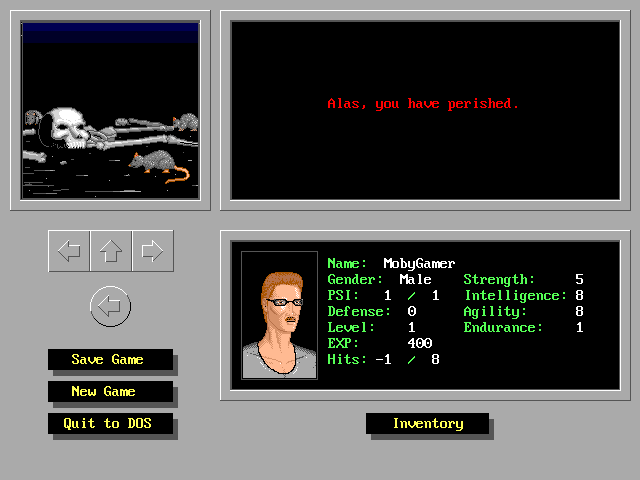 Psionics (DOS) screenshot: Alas, I've perished...