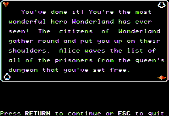 Microzine #19 (Apple II) screenshot: Malice in Wonderland - I Defeat the Queen