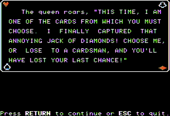 Microzine #19 (Apple II) screenshot: Malice in Wonderland - The Queen Challenges Me
