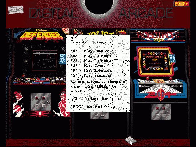Williams Arcade Classics (DOS) screenshot: The scruffy bit of paper on the floor is a list of shortcut keys. The 'Backroom' sign takes the player to the other machines. The black sun brings up the games credits and the 'Exit' sign - exits