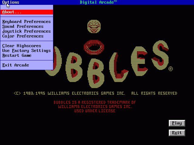 Williams Arcade Classics (DOS) screenshot: This is the start of Bubbles. All games start with an Options bar that allows the player to customise keys and so on