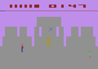 Superman (Atari 2600) screenshot: Watch out for the Kryptonite Satellite just outside the jail