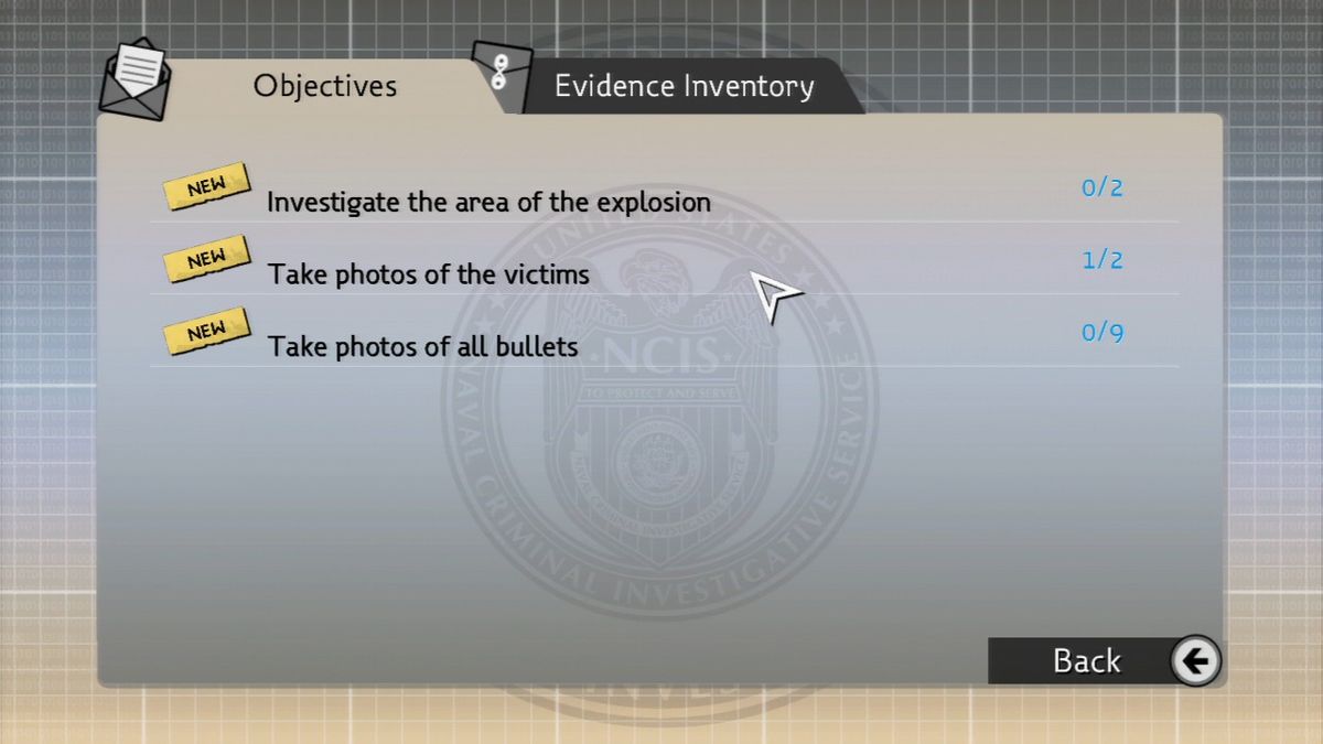 NCIS (PlayStation 3) screenshot: When you're stuck, check the list of objectives and see what's still missing.