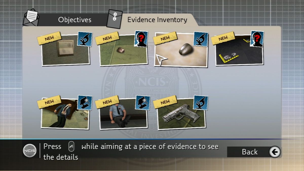 NCIS (PlayStation 3) screenshot: Inventory of collected evidence.