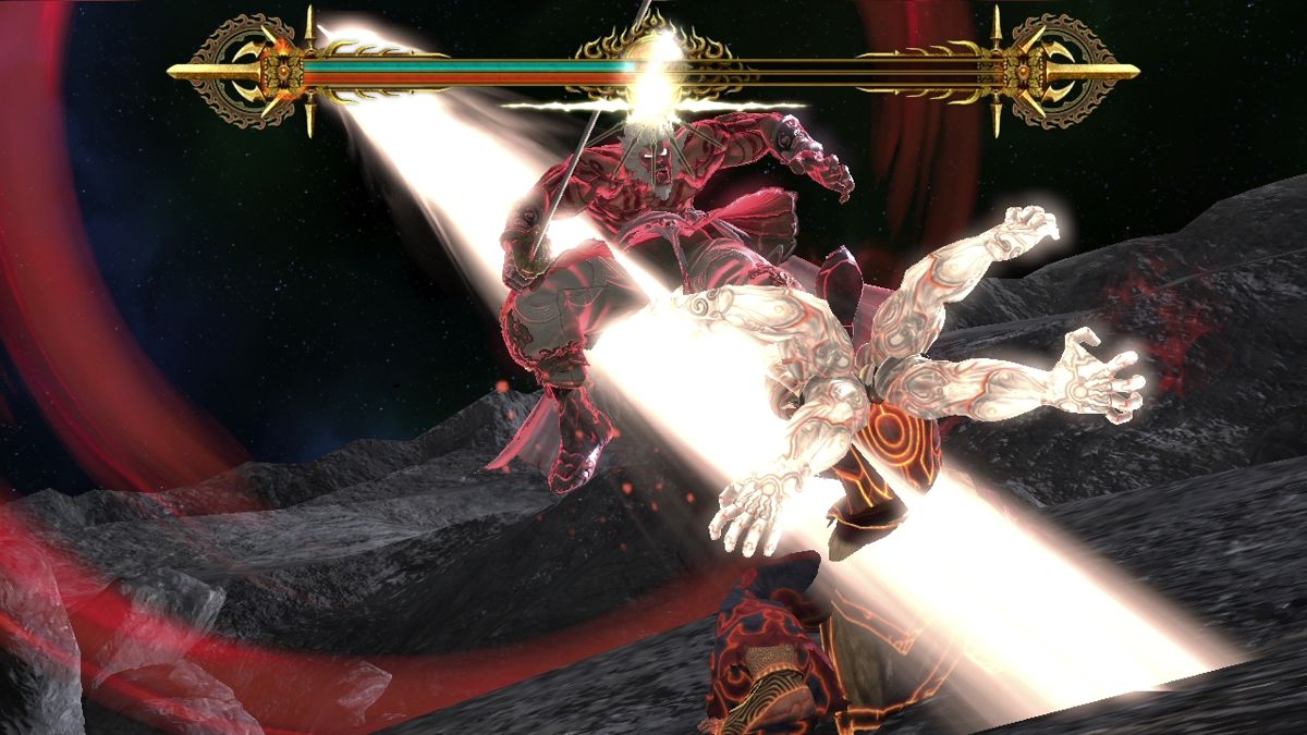 Asura's Wrath (PlayStation 3) screenshot: Blows exchange between Asura and his master.