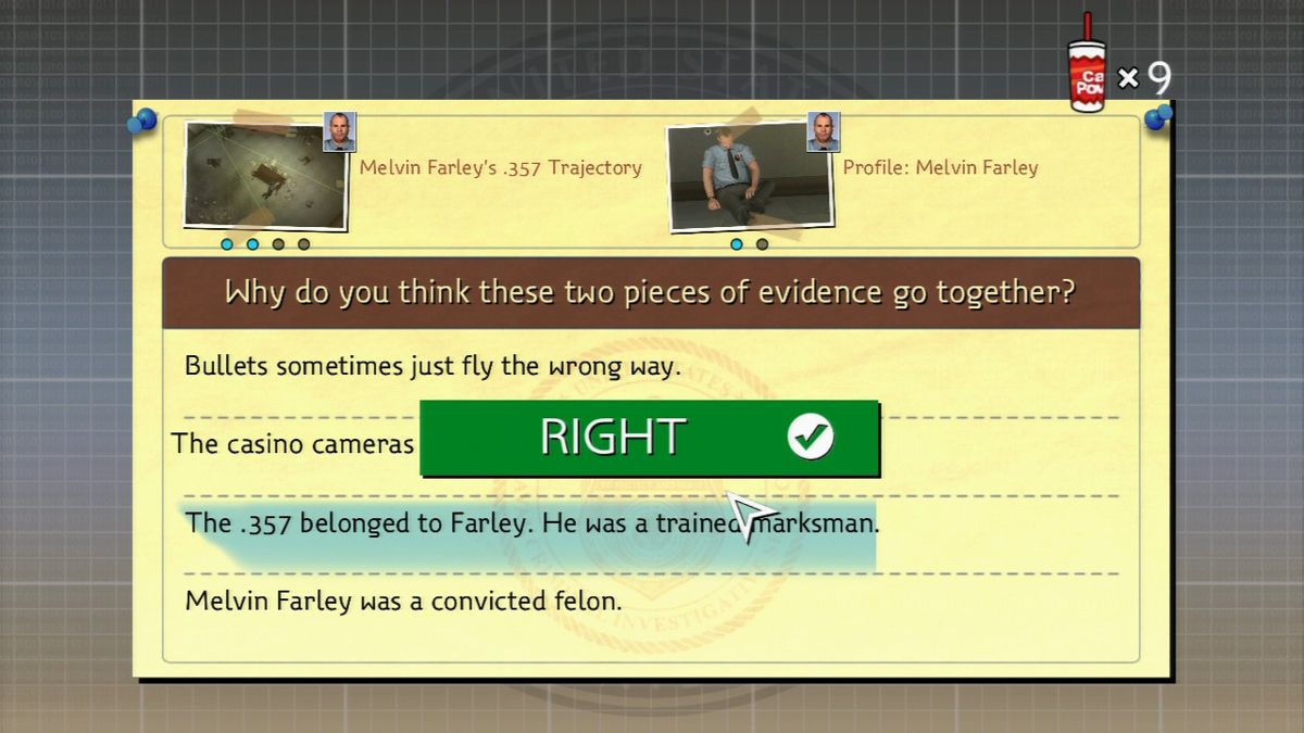 NCIS (PlayStation 3) screenshot: Connecting evidence on the deduction board.