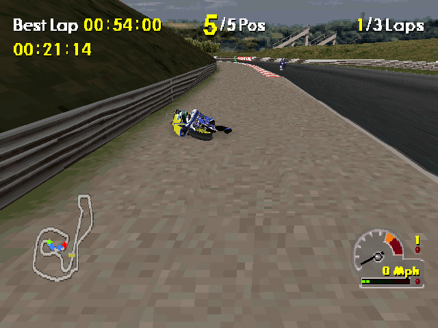 Moto Racer World Tour (PlayStation) screenshot: That really hurts.