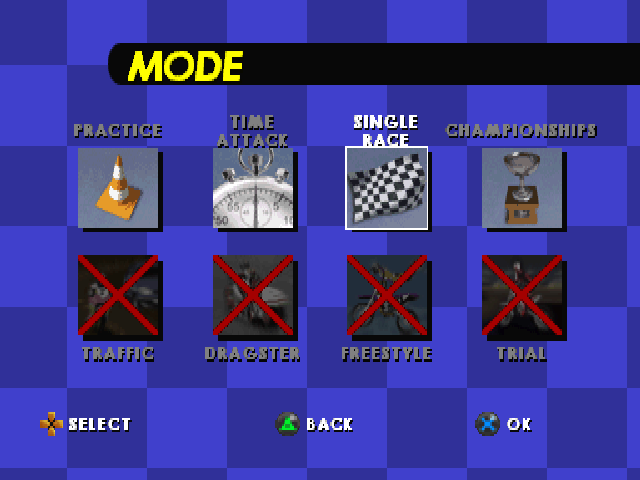 Moto Racer World Tour (PlayStation) screenshot: Select your mode, you can unlock more modes to play.