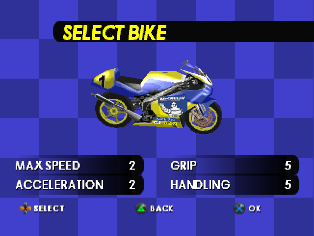 Moto Racer World Tour (PlayStation) screenshot: Select your bike.