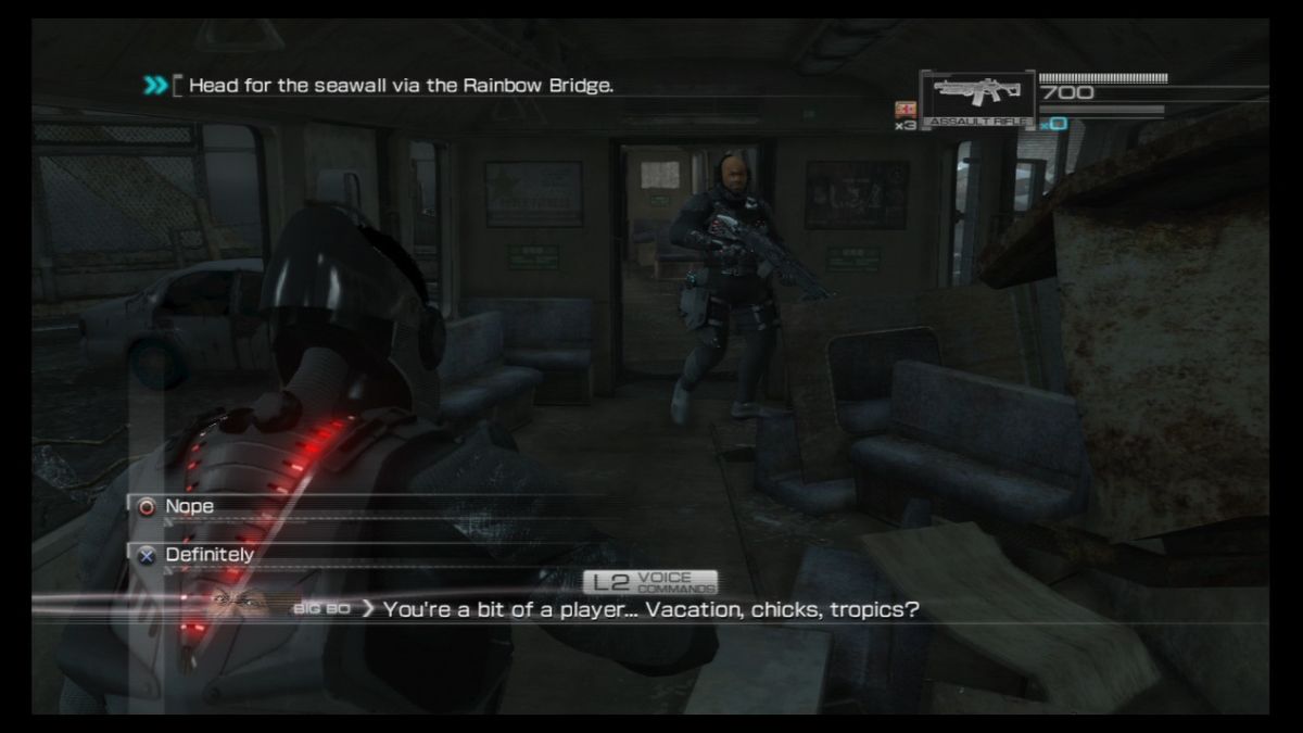 Binary Domain (PlayStation 3) screenshot: Your partners will change your attitude toward you based on your answers to their questions.