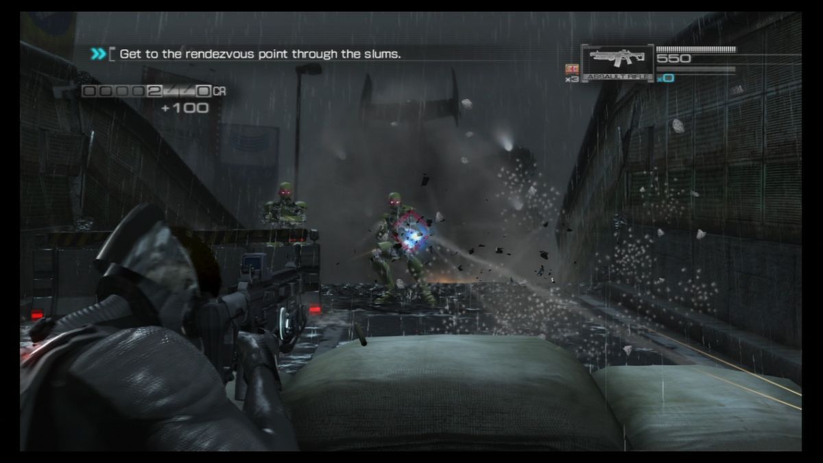 Binary Domain (PlayStation 3) screenshot: Green robots come in packs, but aren't much of a threat if you stick to the cover.