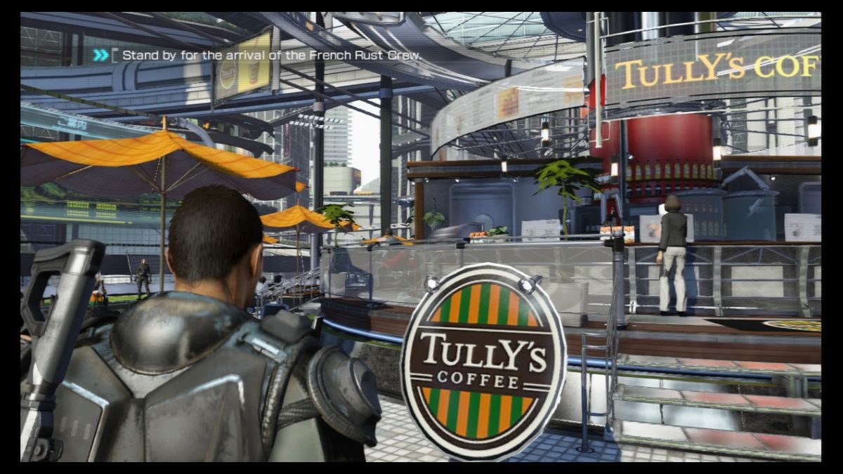 Binary Domain (PlayStation 3) screenshot: Too bad you can't take a respite at Tully's... as in Yakuza games, licensed places like this appear with original logo and title.
