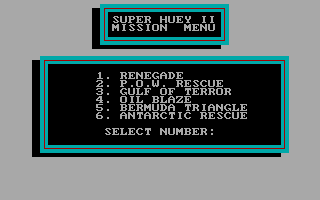 Super Huey II (DOS) screenshot: Main menu