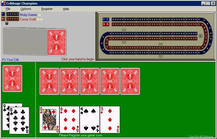 Cribbage Champion (Windows) screenshot: Two cards have been discarded by clicking on them. Clicking on the remaining cards confirms the selection.