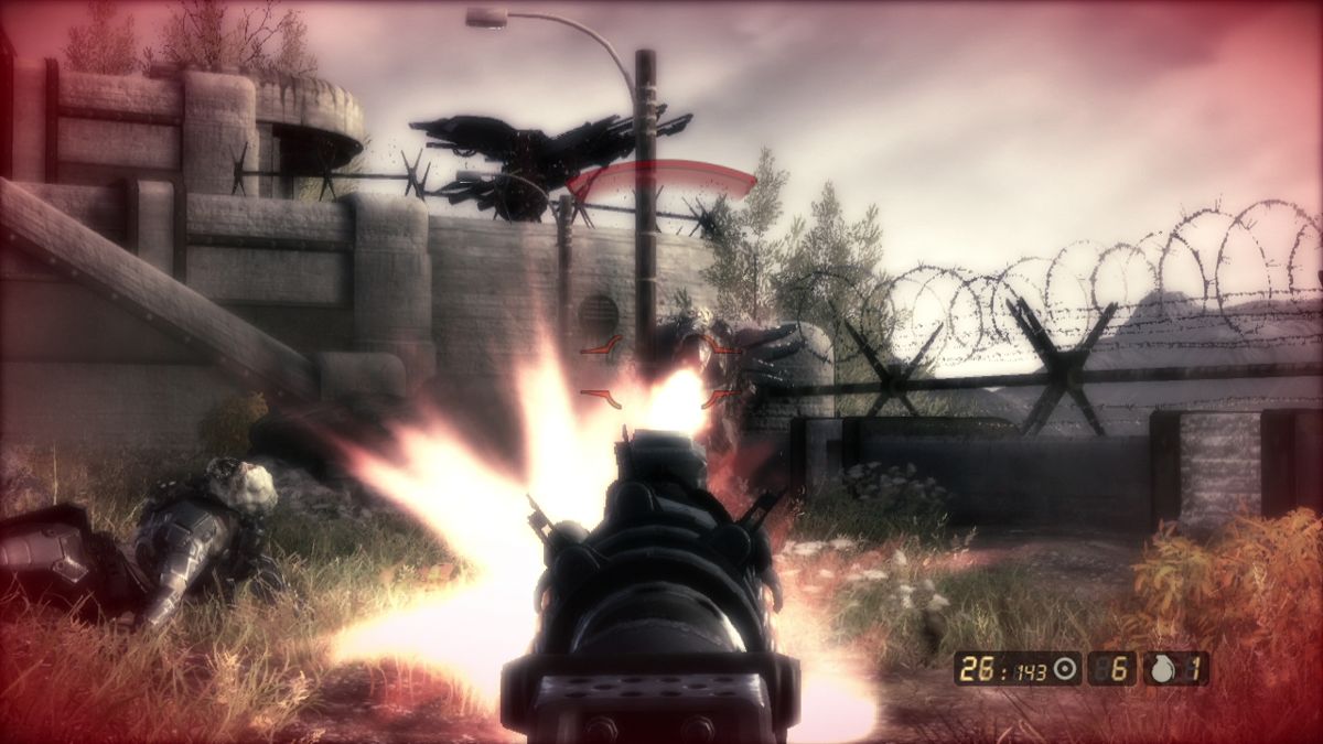 Resistance 2 (PlayStation 3) screenshot: Taking damage, have to deal with that chimera quickly.