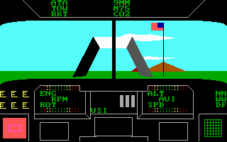Super Huey II (DOS) screenshot: At the HQ ... the Super Huey is ready to take off (EGA)