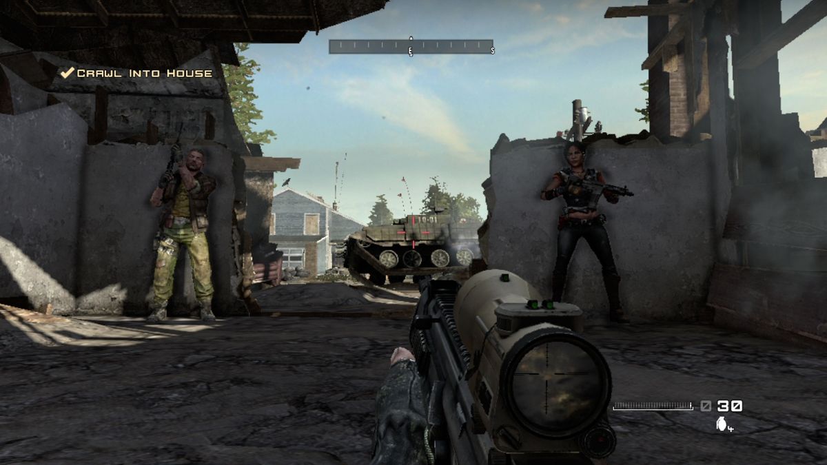Homefront (PlayStation 3) screenshot: We'll have to wait until Korean forces march away and only then cross the street.
