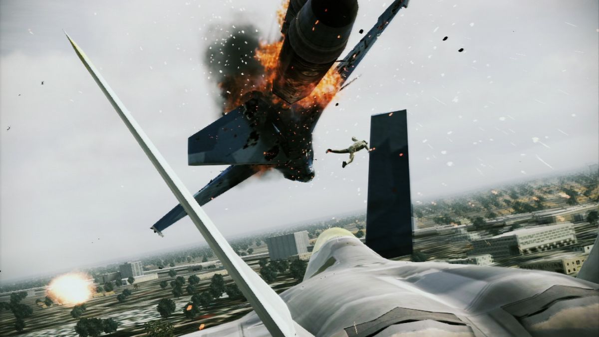 Ace Combat: Assault Horizon (PlayStation 3) screenshot: Enemy fighter down... you can even see the pilot.