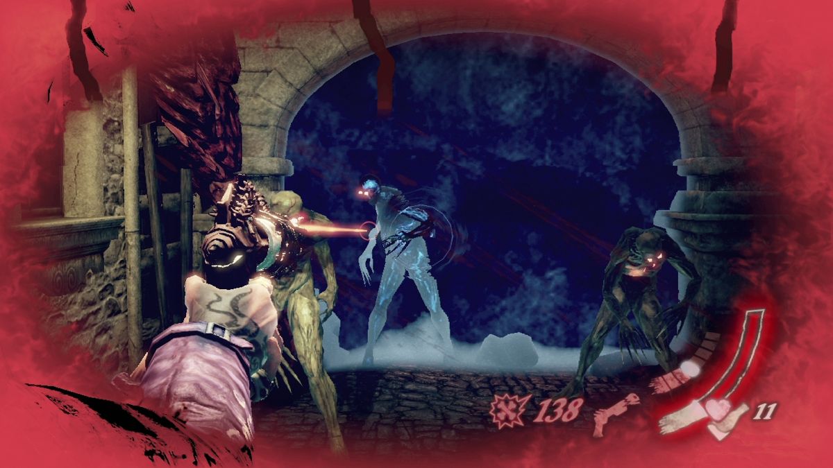 Shadows of the Damned (PlayStation 3) screenshot: In darkness demons cover themselves with shield, so you'll have to remove it first with light shot.