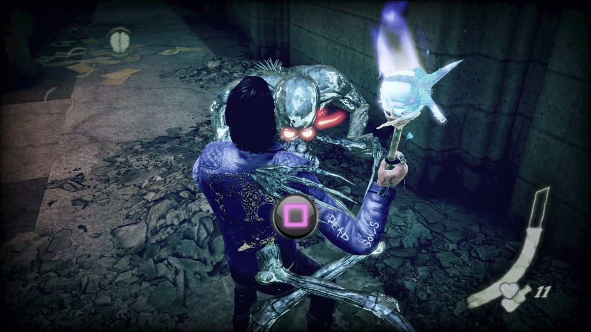 Shadows of the Damned (PlayStation 3) screenshot: If a demon got you, it's always possible to shake him away with a successful quick time event.
