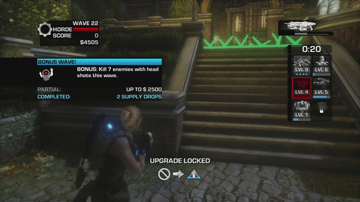 Gears of War 3 (Xbox 360) screenshot: Sometimes you get a special objective in a wave. Reaching the goal rewards you with additional weapons.