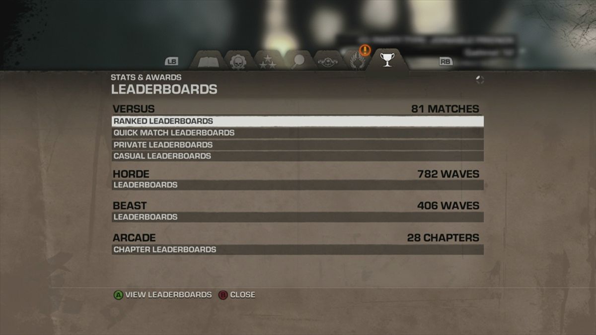Gears of War 3 (Xbox 360) screenshot: Multiplayer Leaderboard statistics