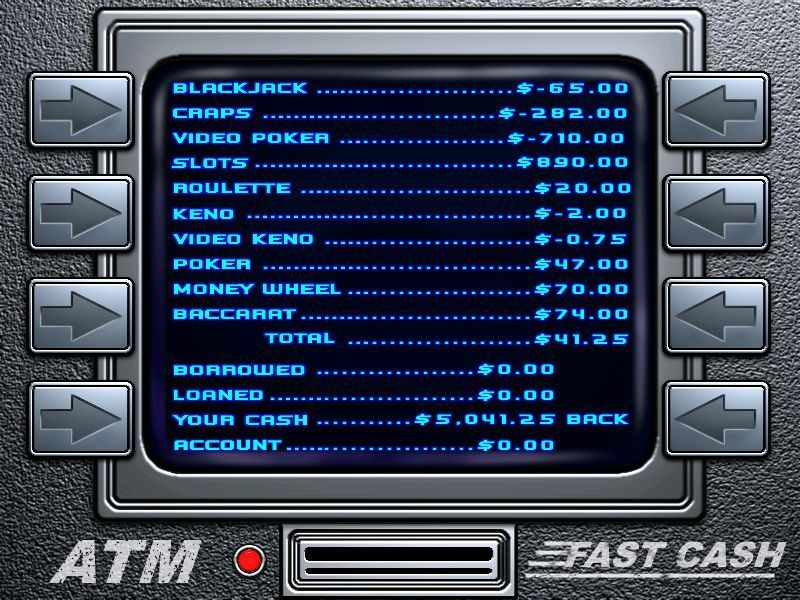 Vegas Games 2000 (Windows) screenshot: Player stats. The same stats can be accessed from the main menu but then they're shown without the ATM format