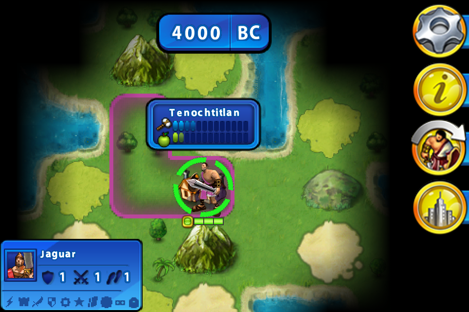 Sid Meier's Civilization: Revolution (iPhone) screenshot: A Jaguar warrior in Tenochititlan