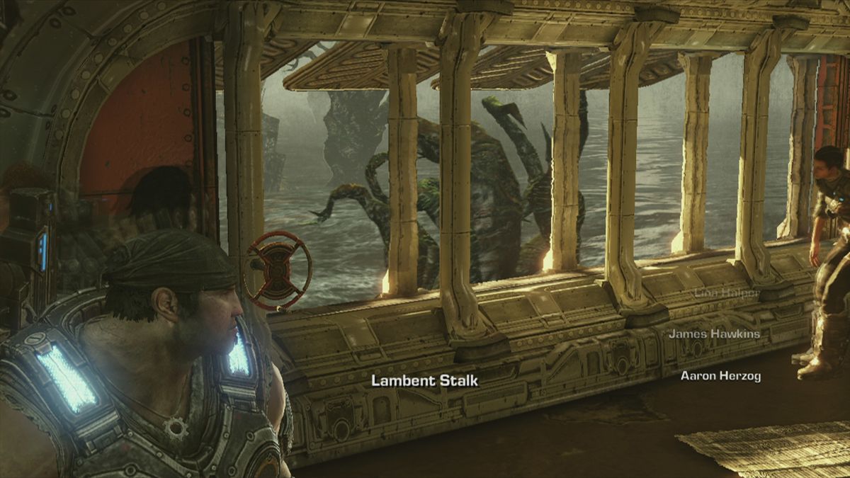 Gears of War 3 (Xbox 360) screenshot: There is some weird growing "plants" outside the window ... smells like trouble
