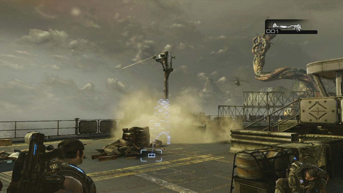 Gears of War 3 (Xbox 360) screenshot: Aiming grenades displays an arc for throwing guidance