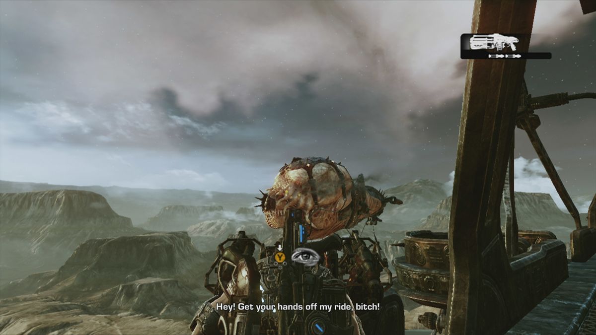Gears of War 3 (Xbox 360) screenshot: Player flying in a barge and aiming with a stationary gun