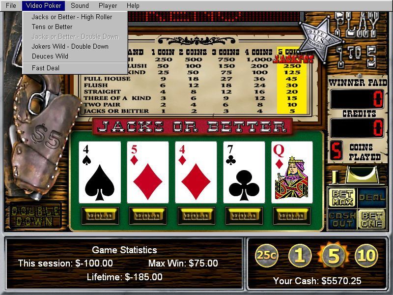 Vegas Games 2000 (Windows) screenshot: Video Poker: Jacks or Better showing the game's menu bar from which other games are selected