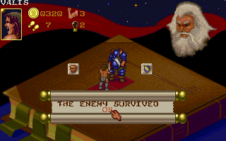 HeroQuest (DOS) screenshot: The Barbarian gets impetuous, and finds himself fighting a Chaos Warrior all by himself.