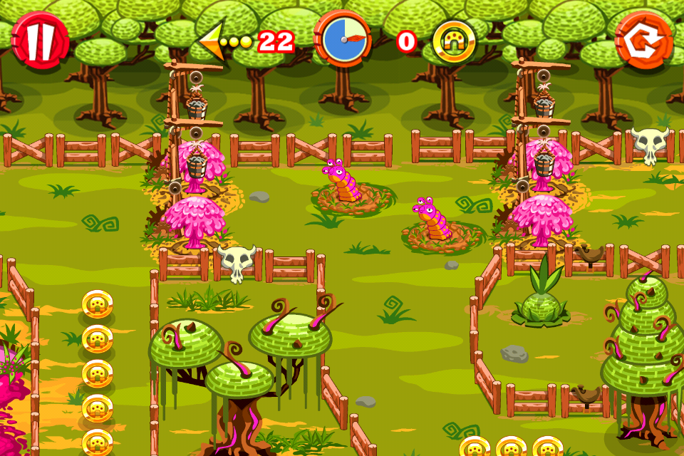 Rolling Ranch (iPhone) screenshot: More obstacles: Worms and radioactive geysers