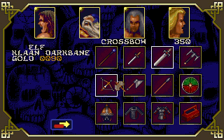 HeroQuest (DOS) screenshot: Between dungeon romps, one can upgrade one's equipment...if you have the gold. In some ways, Hero Quest plays like a turn based Diablo.