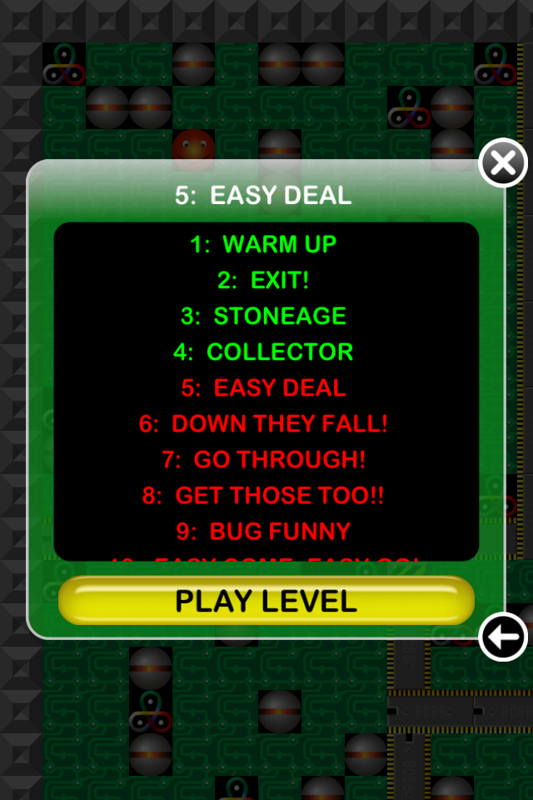 Supaplex (iPhone) screenshot: Level selector. Green marks completed levels, red marks uncompleted