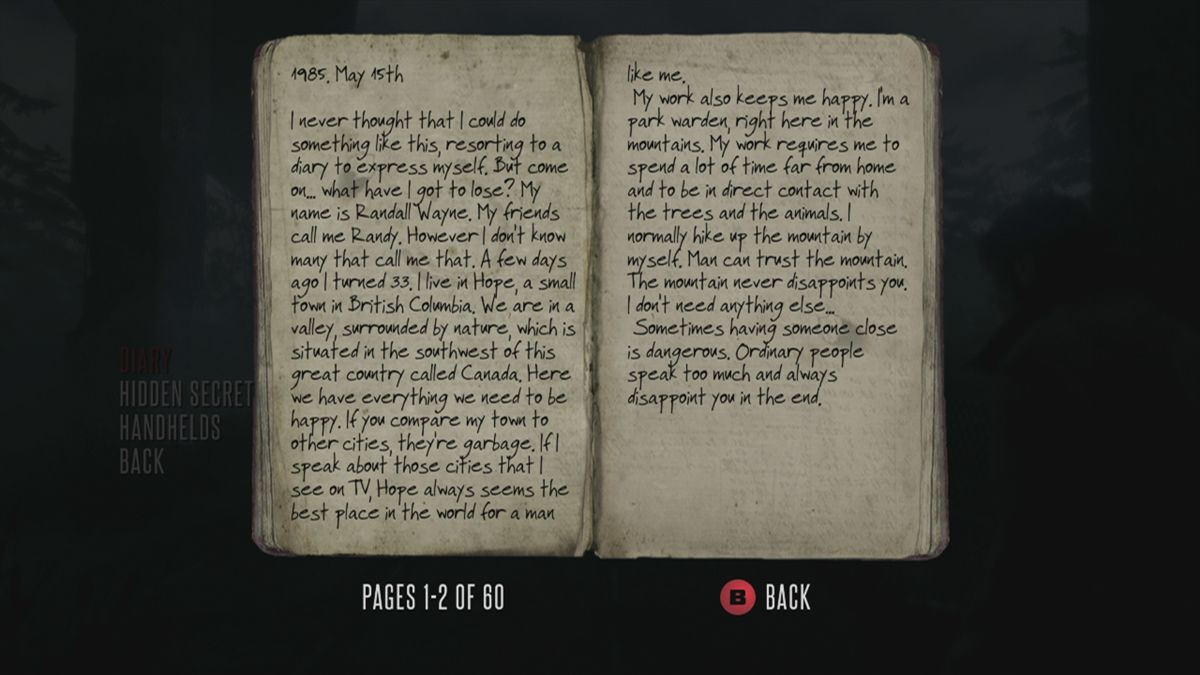 Deadlight (Xbox 360) screenshot: Your diary, which describes some of the events in the past