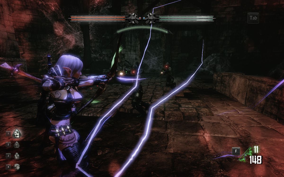 Hunted: The Demon's Forge (Windows) screenshot: E'lara fighting two Wargar crossbowmen, this type fire exploding arrows.