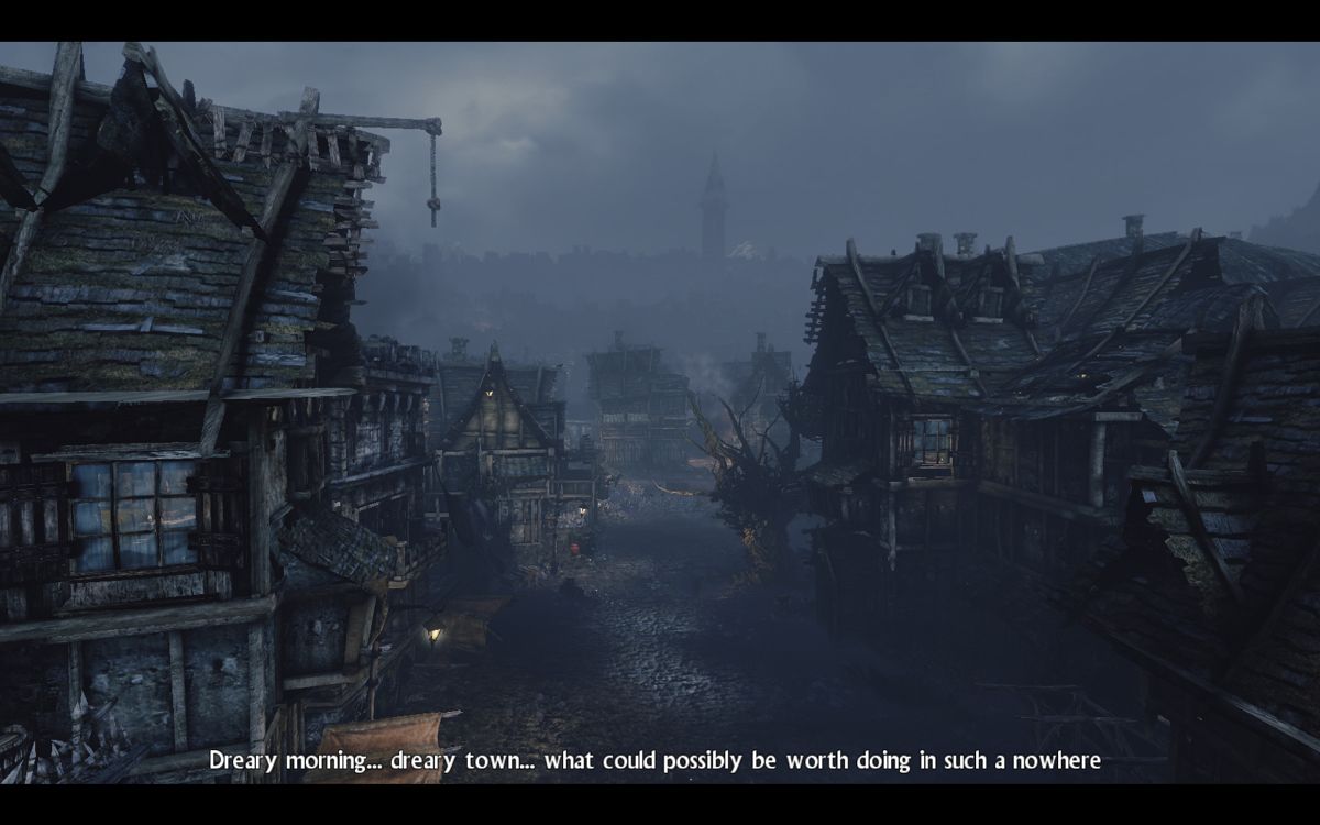 Hunted: The Demon's Forge (Windows) screenshot: The town of Dyfed, the starting location of the game. The narration is different depending on which character you are playing.