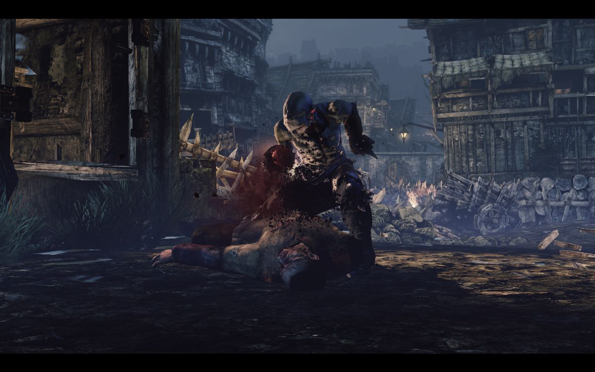 Hunted: The Demon's Forge (Windows) screenshot: A Wargar rips the heart out of a townsman.
