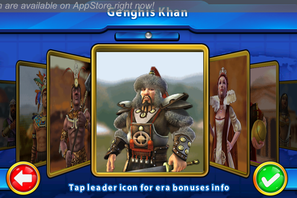 Sid Meier's Civilization: Revolution (iPhone) screenshot: Selection of civilizations/leaders. Here is the mighty Genghis Khan