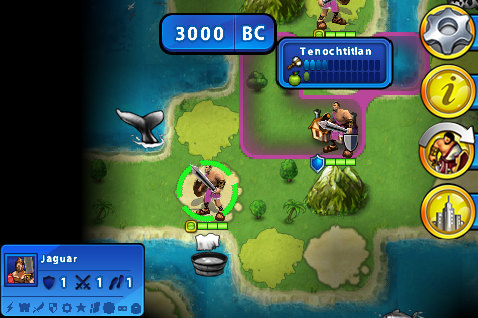 Sid Meier's Civilization: Revolution (iPhone) screenshot: Scouting with Jaguar warrior!