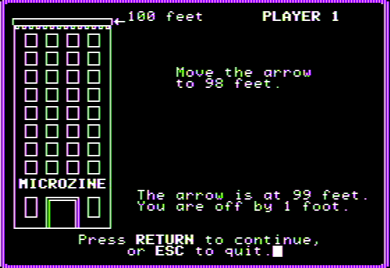 Microzine #19 (Apple II) screenshot: Estimator - Try to Guess 98ft of a 100ft Building