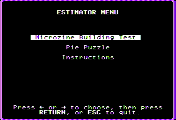 Microzine #19 (Apple II) screenshot: Estimator - Main Menu