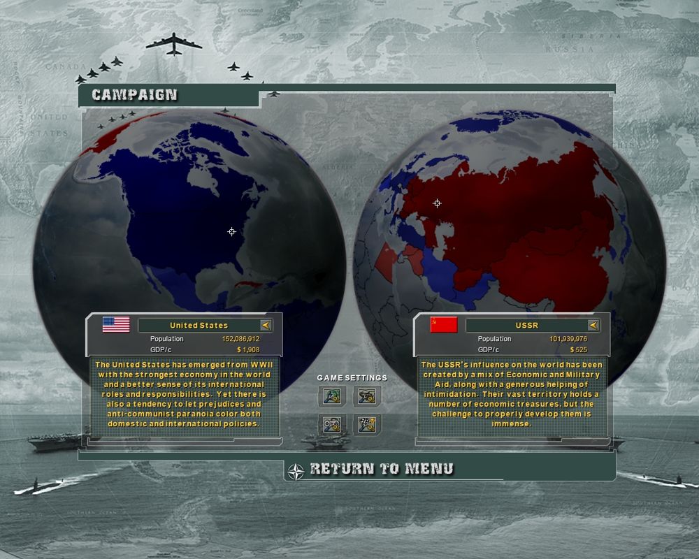 Supreme Ruler: Cold War (Windows) screenshot: Campaign Mode: Go West or Go East?