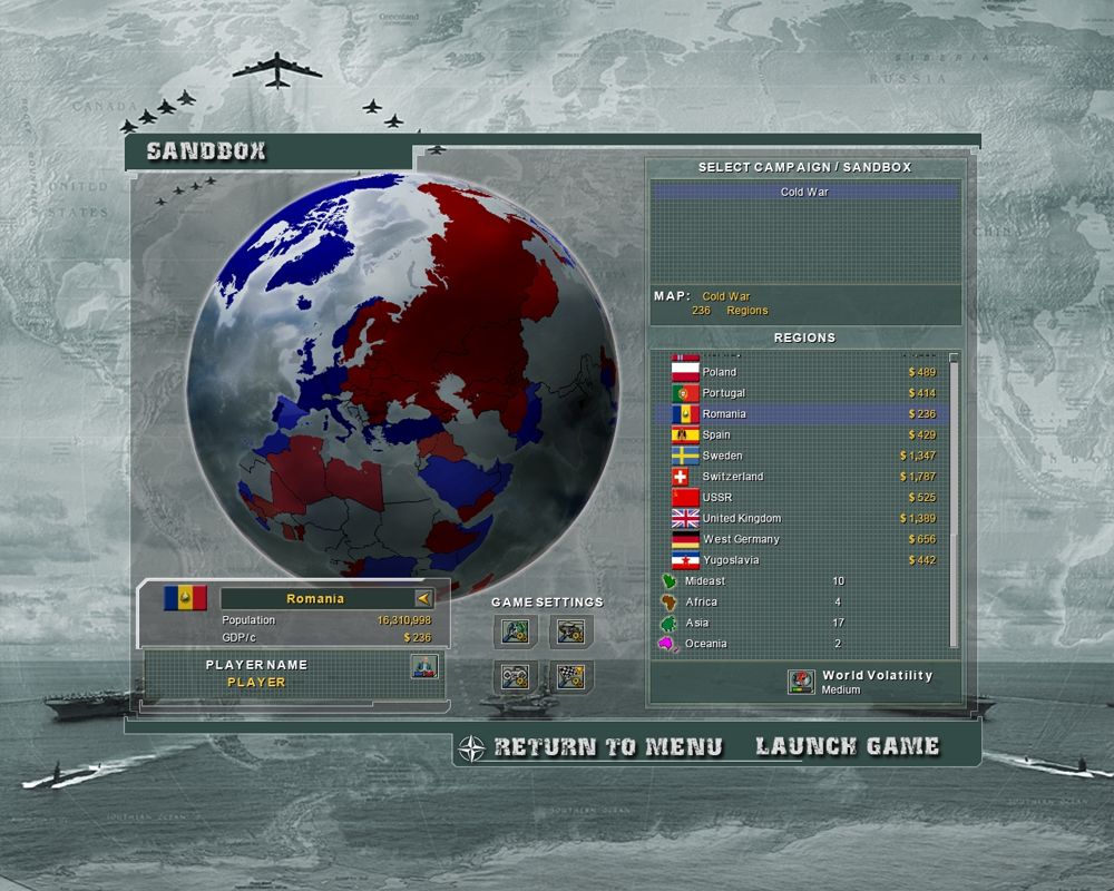 Supreme Ruler: Cold War (Windows) screenshot: Sandbox Mode allows you to pick any nation to play with.