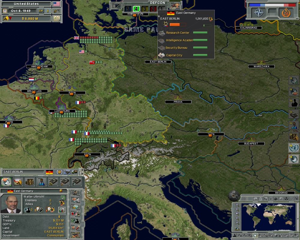 Supreme Ruler: Cold War (Windows) screenshot: Central Europe can be quite explosive.