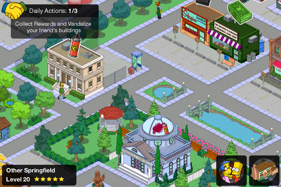 The Simpsons: Tapped Out (iPhone) screenshot: Vandalize your «friend»'s buildings