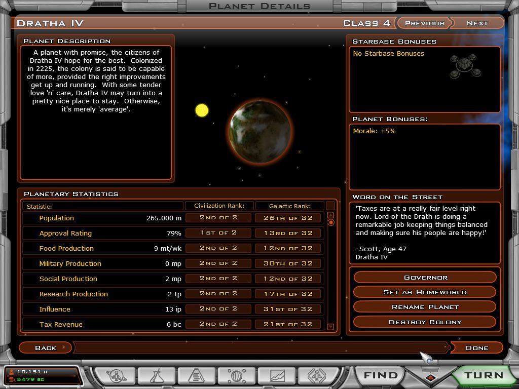 Galactic Civilizations II: Dread Lords (Windows) screenshot: Planet details